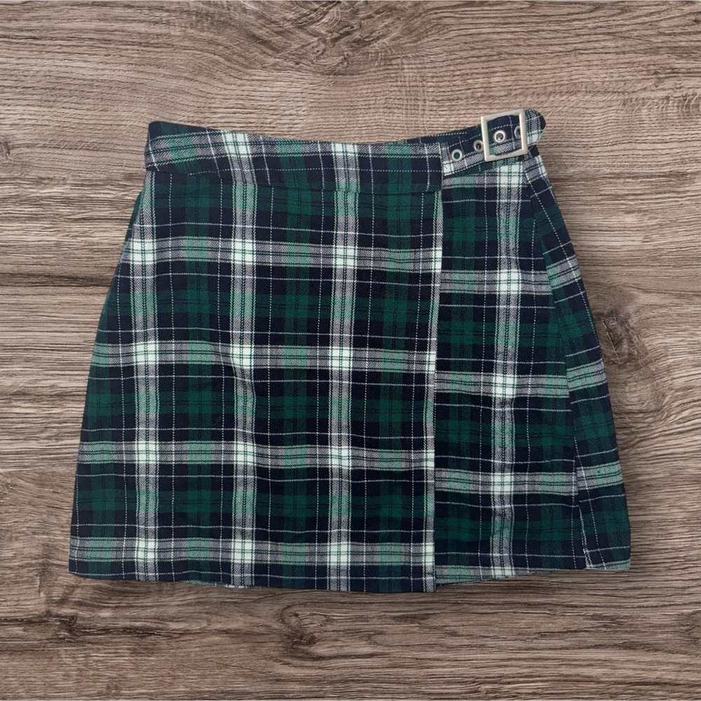 Brandy Melville Green and Blue A-line Mini Skirt with Wrap Style for Casual